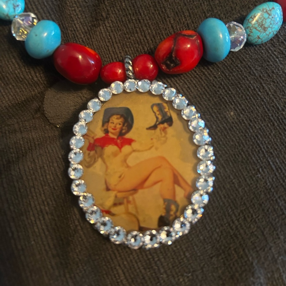 Vintage Style Beaded Necklace with Pin-Up Pendant